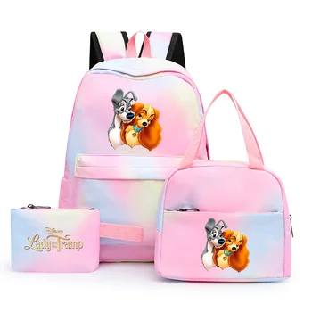 3шт. Красочный рюкзак Disney Lady and the Tramp с сумкой для ланча Повседневные школьные сумки для мальчиков и девочек Студенческие наборы