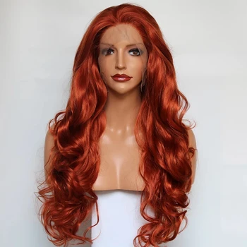 Популярные синтетические волосы, свободная волна, кружевные парики спереди для модных женщин, Имбирно-оранжевый Термостойкий парик с волосами младенца