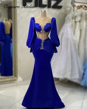 Вечерние платья с длинными рукавами из Турции для женщин 2023 Роскошная Дизайнерская вечеринка Русалка Прозрачный корсет Платья Королевского синего цвета